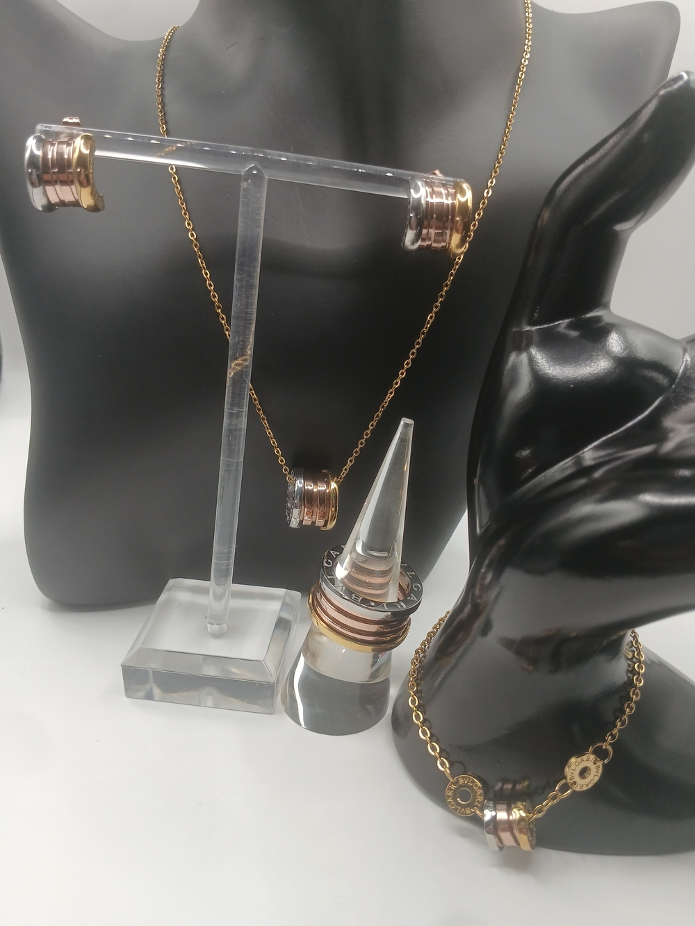 Ispired Trio-Tone Ring & Necklace Jewelry Set
